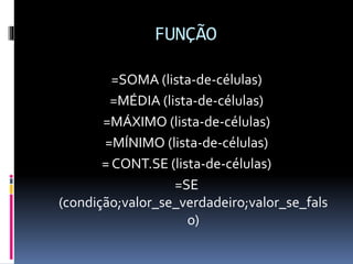 FUNÇÃO
=SOMA (lista-de-células)
=MÉDIA (lista-de-células)
=MÁXIMO (lista-de-células)
=MÍNIMO (lista-de-células)
= CONT.SE (lista-de-células)
=SE
(condição;valor_se_verdadeiro;valor_se_fals
o)
 
