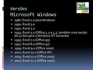 Versões
Microsoft Windows
 1987: Excel 2.0 paraWindows
 1990: Excel 3.0
 1992: Excel 4.0
 1993: Excel 5.0 (Office 4.2 e 4.3, também uma versão
de 32 bits para oWindows NT somente)
 1995: Excel 7.0 (Office 95)
 1997: Excel 8.0 (Office 97)
 1999: Excel 9.0 (Office 2000)
 2001: Excel 10.0 (Office XP)
 2003: Excel 11.0 (Office 2003)
 2007: Excel 12.0 (Office 2007)
 