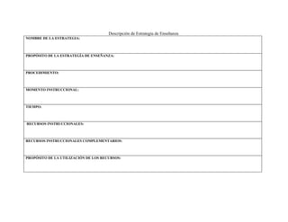 Descripción de Estrategia de Enseñanza
NOMBRE DE LA ESTRATEGIA:



PROPÓSITO DE LA ESTRATEGÍA DE ENSEÑANZA:



PROCEDIMIENTO:



MOMENTO INSTRUCCIONAL:



TIEMPO:



RECURSOS INSTRUCCIONALES:



RECURSOS INSTRUCCIONALES COMPLEMENTARIOS:



PROPÓSITO DE LA UTILIZACIÓN DE LOS RECURSOS:
 
