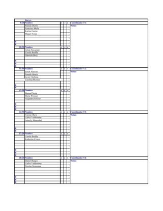 Jueves
8:20 Nombre e c s Coordinador T1:
Pamela Osorio Notas:
Francisca Mella
Karina Osorio
Miguel Araya
R
R
10:50 Nombre e c s
Arlete Navarrete
Camila Badilla
Gabriela Ortiz
R
R
R
11:50 Nombre e c s Coordinador T2:
Erech Alarcon Notas:
Pamela Osorio
Javier Orellana
Carolina Moreno
R
R
13:50 Nombre e c s
Manuel Neira
Maria Weisser
Alejandra Salazar
R
R
R
14:50 Nombre e c s Coordinador T3:
Yanina Olave Notas:
Carlos Valderrama
Aracely Almazabal
R
R
17:20 Nombre e c s
Camila Badilla
Katherine Cruces
R
R
R
18:20 Nombre e c s Coordinador T4:
Daniel Burgos Notas:
Carlos Valderrama
Nicolas Monardes
R
R
R
 