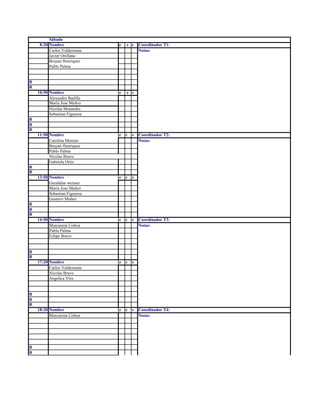 Sábado
8:20 Nombre e c s Coordinador T1:
Carlos Valderrama Notas:
Javier Orellana
Brayan Henriquez
Pablo Palma
R
R
10:50 Nombre e c s
Alexandra Badilla
Maria Jose Muñoz
Nicolas Monardes
Sebastian Figueroa
R
R
R
11:50 Nombre e c s Coordinador T2:
Carolina Moreno Notas:
Brayan Henriquez
Pablo Palma
Nicolas Bravo
Gabriela Ortiz
R
R
13:50 Nombre e c s
Geraldine weisser
Maria Jose Muñoz
Sebastian Figueroa
Gustavo Muñoz
R
R
R
14:50 Nombre e c s Coordinador T3:
Marcarena Lisboa Notas:
Pablo Palma
Felipe Bravo
R
R
17:20 Nombre e c s
Carlos Valderrama
Nicolas Bravo
Angelica Vira
R
R
R
18:20 Nombre e c s Coordinador T4:
Marcarena Lisboa Notas:
R
R
 