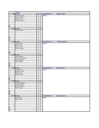 Viernes
     8:20 Nombre                 e   c s     Coordinador T1:   Joaquin Salazar
          Arlette Navarrete                  Notas:
          Gustavo Muñoz
          Miguel Araya
          Daniela Sanhueza


R
R
    10:50 Nombre                 e   c s
          Pamela Osorio



R
R
R
    11:50 Nombre                 e   c   s   Coordinador T2:    Fabio Almazabal
          Manuel Neira                       Notas:
          Daniel Labrin
          Karina Osorio
          Gustavo Muñoz

R
R
    13:50 Nombre                 e   c   s
          Camila Badilla
          Maira Isabel Weisser
          Jorge Quilodran
          Daniel Burgos
R
R
R
    14:50 Nombre                 e   c   s   Coordinador T3:   Susana Osorio
          Karina Osorio                      Notas:
          Katherine Cruces
          Miguel Araya
          Pamela Osorio

R
R
    17:20 Nombre                 e   c   s
          Sebastian Figueroa
          Jorge Quilodran
          Alejandra Salazar
          Daniel Burgos

R
R
R
    18:20 Nombre                 e   c   s   Coordinador T4:   Yasna Figueroa
          Pablo Palma                        Notas:
          Miguel Araya




R
R
R
 
