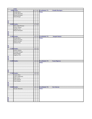 Lunes
8:50 Nombre
Nicolás Bravo
Nicolás Monardes
Brayan Henriquez
Daniel Burgos

e

c s

10:50 Nombre
María Isabel Weisser
Gustavo Muñoz
Angélica Vira
Brayan Henriquez

e

c s

11:50 Nombre
Nicolás Bravo
Arlette Navarrete
Daniel Acevedo
Gabriela Ortiz

e

c

s

13:50 Nombre
Gustavo Muñoz
Yessenia Venegas
Daniel Burgos
Angélica Vira

e

c

s

14:50 Nombre

e

c

s

17:20 Nombre
Yanina Olave
Carlos Valderrama
Felipe Araya
Erech Alarcón
César Fuentes

e

c

s

18:20 Nombre
Nicolás Monardes

e

c

s

Coordinador T1:
Notas:

Claudio Henriquez

Coordinador T2:
Notas:

Joaquin Salazar

R
R

R
R
R

R
R

R
R
R
Coordinador T3:
Notas:

Yasna Figueroa

Coordinador T4:
Notas:

Luis Alarcon

R
R

R
R
R

R
R
R

 