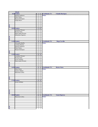 Sábado
8:20 Nombre e c s Coordinador T1: Claudio Henriquez
Daniela Sanhueza Notas:
Pablo Palma
Brayan Henriquez
Felipe Bravo
R
R
10:50 Nombre e c s
Geraldine Weisser
Romina Solar
Maria Isabel Weisser
Sebasstian Figueroa
R
R
R
11:50 Nombre e c s Coordinador T2: Diego Carrillo
Alexandra Badilla Notas:
Carolina Moreno
Daniela Sanhueza
Pablo Palma
Brayan Henriquez
R
R
13:50 Nombre e c s
Geraldine Weisser
Romina Solar
Javier Orellana
Maria Isabel Weisser
R
R
R
14:50 Nombre e c s Coordinador T3: Hector Neira
Pablo Palma Notas:
Gustavo Muñoz
Macarena Lisboa
R
R
17:20 Nombre e c s
Javier Orellana
R
R
R
18:20 Nombre e c s Coordinador T4: Yasna Figueroa
Macarena Lisboa Notas:
R
R
 