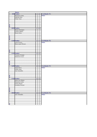 Martes
8:50 Nombre e c s Coordinador T1:
Macarena Lisboa Notas:
Gabriela Ortiz
Felipe Araya
R
R
10:50 Nombre e c s
Brayan Henriquez
Gustavo Muñoz
Hector Neira
R
R
R
11:50 Nombre e c s Coordinador T2:
Luisa Viveros Notas:
Maria Isabel Weisser
R
R
13:50 Nombre e c s
Yessenia Venegas
Katherine Cruces
R
R
R
14:50 Nombre e c s Coordinador T3:
Felipe Bravo Notas:
Felipe Araya
Alex Schmidlin
R
R
17:20 Nombre e c s
Maria Jose Muñoz
Macarena Lisboa
Erech Alarcon
Geraldine Weisser
R
R
R
18:20 Nombre e c s Coordinador T4:
Alex Schmidlin Notas:
R
 
