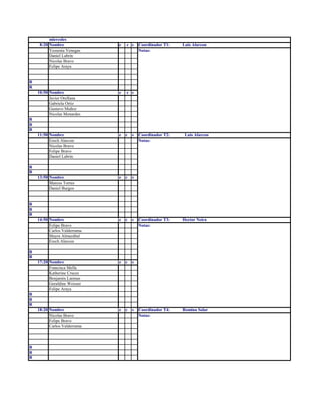 miercoles
8:20 Nombre e c s Coordinador T1: Luis Alarcon
Yessenia Venegas Notas:
Daniel Labrin
Nicolas Bravo
Felipe Araya
R
R
10:50 Nombre e c s
Javier Orellana
Gabriela Ortiz
Gustavo Muñoz
Nicolas Monardes
R
R
R
11:50 Nombre e c s Coordinador T2: Luis Alarcon
Erech Alarcon Notas:
Nicolas Bravo
Felipe Bravo
Daniel Labrin
R
R
13:50 Nombre e c s
Marcos Torres
Daniel Burgos
R
R
R
14:50 Nombre e c s Coordinador T3: Hector Neira
Felipe Bravo Notas:
Carlos Valderrama
Mayra Almazábal
Erech Alarcon
R
R
17:20 Nombre e c s
Francisca Mella
Katherine Cruces
Benjamin Larenas
Geraldine Weisser
Felipe Araya
R
R
R
18:20 Nombre e c s Coordinador T4: Romina Solar
Nicolas Bravo Notas:
Felipe Bravo
Carlos Valderrama
R
R
R
 