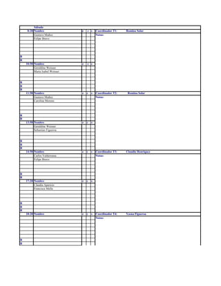 Sábado
8:20 Nombre e c s Coordinador T1: Romina Solar
Gustavo Muñoz Notas:
Felipe Bravo
R
R
10:50 Nombre e c s
Geraldine Weisser
Maria Isabel Weisser
R
R
R
11:50 Nombre e c s Coordinador T2: Romina Solar
Gustavo Muñoz Notas:
Carolina Moreno
R
R
13:50 Nombre e c s
Geraldine Weisser
Sebastian Figueroa
R
R
R
14:50 Nombre e c s Coordinador T3: Claudio Henriquez
Carlos Valderrama Notas:
Felipe Bravo
R
R
17:20 Nombre e c s
Claudia Aparicio
Francisca Mella
R
R
R
18:20 Nombre e c s Coordinador T4: Yasna Figueroa
Notas:
R
R
 