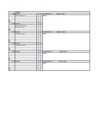 Domingo
8:50 Nombre e c s Coordinador T1: Diego Carrillo
Carlos Valderrama Notas:
R
R
10:50 Nombre e c s
Maria Isabel Weisser
Katherine Cruces
R
R
11:50 Nombre e c s Coordinador T2: Diego Carrillo
Geraldine Weisser Notas:
R
R
13:50 Nombre e c s
Constanza Navarro
R
R
14:50 Nombre e c s Coordinador T3: Hector Neira
Notas:
R
R
17:20 Nombre e c s Coordinador T4: Hector Neira
Notas:
R
R
 