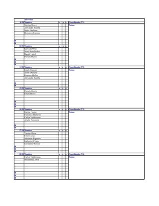 miercoles
8:20 Nombre e c s Coordinador T1:
Nicolas Bravo Notas:
Alexandra Badilla
Javier Orellana
Benjamin Larenas
R
R
10:50 Nombre e c s
Gabriela Ortiz
Maria Jose Muñoz
Daniel Labril
Pamela Osorio
R
R
R
11:50 Nombre e c s Coordinador T2:
Erech Alarcon Notas:
Javier Orellana
Gustavo Muñoz
Alexandra Badilla
R
R
13:50 Nombre e c s
Pamela Osorio
Felipe Bravo
R
R
R
14:50 Nombre e c s Coordinador T3:
Karina Osorio Notas:
Francisca Mathews
Carlos Valderrama
Arlette Navarrete
R
R
17:20 Nombre e c s
Yanina Olave
Felipe Araya
Sebastian Figueroa
Katherine Cruces
Geraldine Weisser
R
R
R
18:20 Nombre e c s Coordinador T4:
Carlos Valderrama Notas:
Macarena Lisboa
R
R
R
 