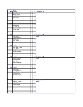 Jueves
8:20 Nombre e c s Coordinador T1:
Karina Osorio Notas:
Gustavo Muñoz
Pamela Osorio
Camila Badilla
R
R
10:50 Nombre e c s
Gabriela Ortiz
Camila Badilla
Maria Jose Muñoz
Karina Osorio
R
R
R
11:50 Nombre e c s Coordinador T2:
Felipe Bravo Notas:
Benjamin Larenas
Pamela Osorio
Luisa Viveros
R
R
13:50 Nombre e c s
Maria Isabel Weisser
Javier Orellana
Arlette Navarrete
Carlos Valderrama
R
R
R
14:50 Nombre e c s Coordinador T3:
Araceli Almazabal Notas:
Carolina Moreno
Luisa Viveros
Francisca Mathews
R
R
17:20 Nombre e c s
Felipe Araya
Sebastian Figueroa
Brayan Henriquez
Katherine Cruces
Geraldine Weisser
R
R
R
18:20 Nombre e c s Coordinador T4:
Constanza Navarro Notas:
Carlos Valderrama
Francisca Mella
R
R
R
 
