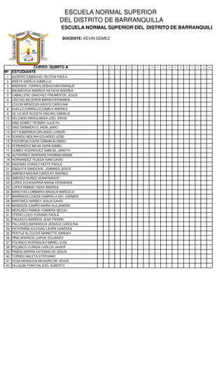 ESCUELA NORMAL SUPERIOR 
                                     DEL DISTRITO DE BARRANQUILLA
                                      ESCUELA Listado de Estudiantes 2012   DISTRITO DE BARRANQUILLA 
                                              NORMAL SUPERIOR DEL

                                                    DOCENTE: KEVIN GOMEZ 
                                                                                                                                                                        




            CURSO: QUINTO A                                      1   2      3   4   5   6   7   8   9   10   11   12   13   14   15   16   17   18   19   20

Nº ESTUDIANTE
 1   AGÜERO CAMACHO YELITSA PAOLA
 2   ANAYA VARELA ISABELLA
 3   ANDRADE TORRES SEBASTIAN ENRIQUE
 4   BALMACEDA BARROS NATALIA ANDREA
 5   CABALLERO SANCHEZ FREIMER DE JESUS
 6   CASTRO BECERRA MARIA FERNANDA
 7   COLON MENDOZA KENYS CAROLINA
 8   CUELLO CARRILLO CAMILA ANDREA
 9   DE LA HOZ ACOSTA DAILING DANIELA
10   DELGADO MARULANDA JOEL DAVID
11   DIAZ GOMEZ TIFANNY JULIETH
12   DIAZ SARMIENTO JHON JAIRO
13   DITTA BARRIOS ORLANDO JUNIOR
14   DONADO MOLINA EDUARDO JOSE
15   ESCORCIA OJEDA FABIAN ALONSO
16   FERNANDEZ MEJIA SARA ISABEL
17   GOMEZ RODRIGUEZ SAMUEL JARETH
18   GUTIERREZ HERRERA YAVIANIS MARIA
19   HERNANDEZ TEJEDA IVAN DAVID
20   IGLESIAS CHAVEZ KATTY PAOLA
21   IZAQUITA SANDOVAL JOANNES JESUS
22   JIMENEZ MOLINA CAROLAY ANDREA
23   JIMENEZ NUÑEZ JEANFRANCO
24   LOPEZ ECHAVARRIA MARIA FERNANDA
25   LOPEZ RAMOS TAHIS ANDREA
26   MANOTAS LOMBARDI ANGELA MARCELA
27   MARRIAGA LOAIZA GABRIELA DEL CARMEN
28   MARTINEZ HARBEY JESUS DAVID
29   MENDOZA CAMPO MAIRA ALEJANDRA
30   MERCADO RAMOS YOMAIRA NICOLL
31   OTERO LUGO YURANIS PAOLA
32   PACHECO BARRIOS JEAN PIERRE
33   PALLARES BARANDICA JESSICA CAROLINA
34   PATERNINA IGLESIAS LAURA VANESSA
35   PERTUZ ALCOCER MARIETTE SARHAY
36   PIÑA APARICIO JORGE EDUARDO
37   POLANCO RODRIGUEZ MARIO JOSE
38   POLANCO ZUÑIGA CARLOS JAVIER
39   PRADA SIERRA ESTEBAN DE JESUS
40   TORRES BALETA STEPHANY
41   VEGA MENDOZA MILAGRO DE JESUS
42   VILLALBA PONTON JOEL ALBERTO
 