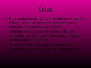Celda Es la unidad básica de información en la hoja de cálculo, donde se insertan los valores y las fórmulas que realizan los cálculos. Habitualmente es posible realizar cálculos complejos con fórmulas y funciones y dibujar distintos tipos de gráficas.  Se nombra una celda por el nombre de la columna y el nombre de la fila. Ejemplo: B3 