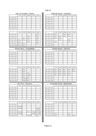 Hoja 10
Página 11
Jose Luis Chapitel – Historia Carla de Souza - Literatura
Lunes Martes Miércoles Jueves Viernes Lunes Martes Miércoles Jueves Viernes
1ra – 07:45 – 08:30 1ra – 07:45 – 08:30
2da – 08:30 – 09:15 2da – 08:30 – 09:15
3ra – 09:25 – 10:10 3ra – 09:25 – 10:10
4ta – 10:10 – 10:55 4ta – 10:10 – 10:55
5ta – 11:05 – 11:50 5ta – 11:05 – 11:50
6ta – 11:50 – 12:35 6ta – 11:50 – 12:35
7ma – 12:40 – 13:25 7ma – 12:40 – 13:25
Lunes Martes Miércoles Jueves Viernes Lunes Martes Miércoles Jueves Viernes
1ra – 13:45 – 14:30 6° SH 2 1ra – 13:45 – 14:30 6° SH 4 5° DH 3 6° SH 3
2da – 14:30 – 15:15 6° SH 2 6° SH 2 2da – 14:30 – 15:15 6° SH 3 5° DH 4 5° DH 3 6° SH 3
3ra – 15:25 – 16:10 6° SH 4 6° SH 2 6° SH 3 3ra – 15:25 – 16:10 6° SH 3 5° DH 4
4ta – 16:10 – 16:55 6° SH 4 6° SH 4 6° SH 3 6° SH 3 4ta – 16:10 – 16:55 5° DH 3 5° DH 4
5ta – 17:05 – 17:50 6° SH 4 6° SH 3 6° SH 4 5ta – 17:05 – 17:50 5° DH 3 5° DH 4
6ta – 17:50 – 18:35 6° SH 2 6° SH 3 6° SH 4 6ta – 17:50 – 18:35
7ma – 18:40 – 19:25 6° SH 2 6° SH 3 7ma – 18:40 – 19:25
Karina Viera – Contabilidad Cinthia Neves – Derecho
Lunes Martes Miércoles Jueves Viernes Lunes Martes Miércoles Jueves Viernes
1ra – 07:45 – 08:30 1ra – 07:45 – 08:30
2da – 08:30 – 09:15 2da – 08:30 – 09:15
3ra – 09:25 – 10:10 3ra – 09:25 – 10:10
4ta – 10:10 – 10:55 4ta – 10:10 – 10:55
5ta – 11:05 – 11:50 5ta – 11:05 – 11:50
6ta – 11:50 – 12:35 6ta – 11:50 – 12:35
7ma – 12:40 – 13:25 7ma – 12:40 – 13:25
Lunes Martes Miércoles Jueves Viernes Lunes Martes Miércoles Jueves Viernes
1ra – 13:45 – 14:30 6° SH 4 1ra – 13:45 – 14:30 6° SH 2 6° SH 3 6° SH 1 6° SH 1 6° SH 3
2da – 14:30 – 15:15 6° SH 4 2da – 14:30 – 15:15 6° SH 2 6° SH 3 6° SH 1 6° SH 1 6° SH 3
3ra – 15:25 – 16:10 6° SH 3 6° SH 3 3ra – 15:25 – 16:10 6° SH 1 6° SH 2 6° SH 3 6° SH 2
4ta – 16:10 – 16:55 6° SH 3 6° SH2/SE 4ta – 16:10 – 16:55 6° SH 1 6° SH 2 6° SH 3 6° SH 2
5ta – 17:05 – 17:50 6° SH 1 6° SH 1 5ta – 17:05 – 17:50
6ta – 17:50 – 18:35 6° SH2/SE 6° SH 1 6ta – 17:50 – 18:35
7ma – 18:40 – 19:25 6° SH2/ SE 6° SH 4 7ma – 18:40 – 19:25
Alice Perez – Matemática Fernando Oroná - Matemática
Lunes Martes Miércoles Jueves Viernes Lunes Martes Miércoles Jueves Viernes
1ra – 07:45 – 08:30 1ra – 07:45 – 08:30
2da – 08:30 – 09:15 2da – 08:30 – 09:15
3ra – 09:25 – 10:10 3ra – 09:25 – 10:10
4ta – 10:10 – 10:55 4ta – 10:10 – 10:55
5ta – 11:05 – 11:50 5ta – 11:05 – 11:50
6ta – 11:50 – 12:35 6ta – 11:50 – 12:35
7ma – 12:40 – 13:25 7ma – 12:40 – 13:25
Lunes Martes Miércoles Jueves Viernes Lunes Martes Miércoles Jueves Viernes
1ra – 13:45 – 14:30 1ra – 13:45 – 14:30
2da – 14:30 – 15:15 6° SH 4(adj) 2da – 14:30 – 15:15
3ra – 15:25 – 16:10 6° SH 4(adj) 6° SH2/SE 3ra – 15:25 – 16:10
4ta – 16:10 – 16:55 6° SH2/SE 4ta – 16:10 – 16:55
5ta – 17:05 – 17:50 6° SH 1(adj) 6° SH 4 6° SH2/SE 6° SH 1(adj) 5ta – 17:05 – 17:50
6ta – 17:50 – 18:35 6° SH 1(adj) 6° SH2/SE 6° SH 1(adj) 6ta – 17:50 – 18:35 6° SH 3 6° SH 3
7ma – 18:40 – 19:25 6° SH 1(adj) 6° SH 4 7ma – 18:40 – 19:25 6° SH 3 6° SH 3 6° SH 3
 