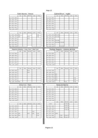 Hoja 12
Página 13
Pablo Macedo - Historia Gabriel Brum – Inglés
Lunes Martes Miércoles Jueves Viernes Lunes Martes Miércoles Jueves Viernes
1ra – 07:45 – 08:30 1ra – 07:45 – 08:30
2da – 08:30 – 09:15 2da – 08:30 – 09:15
3ra – 09:25 – 10:10 3ra – 09:25 – 10:10
4ta – 10:10 – 10:55 4ta – 10:10 – 10:55
5ta – 11:05 – 11:50 5ta – 11:05 – 11:50
6ta – 11:50 – 12:35 6ta – 11:50 – 12:35
7ma – 12:40 – 13:25 7ma – 12:40 – 13:25
Lunes Martes Miércoles Jueves Viernes Lunes Martes Miércoles Jueves Viernes
1ra – 13:45 – 14:30 6° SE 6° SE 1ra – 13:45 – 14:30 6° SH 1/AE
2da – 14:30 – 15:15 6° SE 6° SE 6° SE 2da – 14:30 – 15:15 6° SH 1/AE
3ra – 15:25 – 16:10 6° SE 3ra – 15:25 – 16:10
4ta – 16:10 – 16:55 4ta – 16:10 – 16:55 6° SH 2/SE
5ta – 17:05 – 17:50 5ta – 17:05 – 17:50 6° SH 2/SE 6° SH 1/AE
6ta – 17:50 – 18:35 6ta – 17:50 – 18:35
7ma – 18:40 – 19:25 7ma – 18:40 – 19:25 6° SH 2/SE
Alejandra Notejane – Leng. Com. Y Med. Aud. Rodrigo Segarra – Historia del Arte
Lunes Martes Miércoles Jueves Viernes Lunes Martes Miércoles Jueves Viernes
1ra – 07:45 – 08:30 1ra – 07:45 – 08:30
2da – 08:30 – 09:15 2da – 08:30 – 09:15
3ra – 09:25 – 10:10 3ra – 09:25 – 10:10
4ta – 10:10 – 10:55 4ta – 10:10 – 10:55
5ta – 11:05 – 11:50 5ta – 11:05 – 11:50
6ta – 11:50 – 12:35 6ta – 11:50 – 12:35
7ma – 12:40 – 13:25 7ma – 12:40 – 13:25
Lunes Martes Miércoles Jueves Viernes Lunes Martes Miércoles Jueves Viernes
1ra – 13:45 – 14:30 6° AE 1ra – 13:45 – 14:30
2da – 14:30 – 15:15 6° AE 2da – 14:30 – 15:15
3ra – 15:25 – 16:10 3ra – 15:25 – 16:10 6° AE
4ta – 16:10 – 16:55 4ta – 16:10 – 16:55 6° AE
5ta – 17:05 – 17:50 5ta – 17:05 – 17:50 5° DA 6° AE
6ta – 17:50 – 18:35 6ta – 17:50 – 18:35 5° DA 6° AE
7ma – 18:40 – 19:25 6° AE 7ma – 18:40 – 19:25 5° DA 5° DA
Michel Croz – Teatro Sonia de Barros
Lunes Martes Miércoles Jueves Viernes Lunes Martes Miércoles Jueves Viernes
1ra – 07:45 – 08:30 1ra – 07:45 – 08:30
2da – 08:30 – 09:15 2da – 08:30 – 09:15
3ra – 09:25 – 10:10 3ra – 09:25 – 10:10
4ta – 10:10 – 10:55 4ta – 10:10 – 10:55
5ta – 11:05 – 11:50 5ta – 11:05 – 11:50
6ta – 11:50 – 12:35 6ta – 11:50 – 12:35
7ma – 12:40 – 13:25 7ma – 12:40 – 13:25
Lunes Martes Miércoles Jueves Viernes
Lunes Martes Miércoles Jueves Viernes Hora 0 5° DB 1 PA
1ra – 13:45 – 14:30 1ra – 13:45 – 14:30 5° DB 1 PA
2da – 14:30 – 15:15 2da – 14:30 – 15:15 5° DB 1 PB
3ra – 15:25 – 16:10 3ra – 15:25 – 16:10 5° DB 1 PB
4ta – 16:10 – 16:55 5° DA 4ta – 16:10 – 16:55
5ta – 17:05 – 17:50 6° AE 6° AE 6° AE 5° DA 5ta – 17:05 – 17:50 5° DB 1
6ta – 17:50 – 18:35 6° AE 5° DA 6ta – 17:50 – 18:35 5° DB 1 5° DB 1 PC
7ma – 18:40 – 19:25 7ma – 18:40 – 19:25 5° DB 1 5° DB 1 PC
 