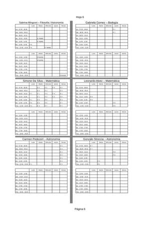 Hoja 6
Página 6
Sabrina Mingroni – Filosofía / Astronomía Gabriela Gomez – Biología
Lunes Martes Miércoles Jueves Viernes Lunes Martes Miércoles Jueves Viernes
1ra – 07:45 – 08:30 1ra – 07:45 – 08:30 4° 1
2da – 08:30 – 09:15 2da – 08:30 – 09:15 4° 1
3ra – 09:25 – 10:10 3ra – 09:25 – 10:10
4ta – 10:10 – 10:55 6° FM/MD 4ta – 10:10 – 10:55
5ta – 11:05 – 11:50 6° FM/MD 5ta – 11:05 – 11:50
6ta – 11:50 – 12:35 4° 6 6ta – 11:50 – 12:35
7ma – 12:40 – 13:25 4° 6 6° FM/MD 7ma – 12:40 – 13:25
Lunes Martes Miércoles Jueves Viernes Lunes Martes Miércoles Jueves Viernes
1ra – 13:45 – 14:30 6°SH2/SE 1ra – 13:45 – 14:30
2da – 14:30 – 15:15 6°SH2/SE 2da – 14:30 – 15:15
3ra – 15:25 – 16:10 3ra – 15:25 – 16:10
4ta – 16:10 – 16:55 4ta – 16:10 – 16:55
5ta – 17:05 – 17:50 5ta – 17:05 – 17:50
6ta – 17:50 – 18:35 6ta – 17:50 – 18:35
7ma – 18:40 – 19:25 6°SH2/SE 7ma – 18:40 – 19:25
Simone Da Silva – Matemática Leonardo Alvez – Matemática
Lunes Martes Miércoles Jueves Viernes Lunes Martes Miércoles Jueves Viernes
1ra – 07:45 – 08:30 4° 4 4° 2 4° 6 4° 2 1ra – 07:45 – 08:30
2da – 08:30 – 09:15 4° 4 4° 2 4° 2 2da – 08:30 – 09:15
3ra – 09:25 – 10:10 4° 7 4° 1 4° 3 4° 4 4° 1 3ra – 09:25 – 10:10
4ta – 10:10 – 10:55 4° 1 4° 3 4° 4 4° 6 4ta – 10:10 – 10:55 4° 8
5ta – 11:05 – 11:50 4° 1 4° 6 4° 5 4° 3 5ta – 11:05 – 11:50 4° 8
6ta – 11:50 – 12:35 4° 5 4° 6 4° 5 4° 7 6ta – 11:50 – 12:35 4° 8
7ma – 12:40 – 13:25 4° 5 4° 3 4° 7 4° 7 7ma – 12:40 – 13:25 4° 8
Lunes Martes Miércoles Jueves Viernes Lunes Martes Miércoles Jueves Viernes
1ra – 13:45 – 14:30 1ra – 13:45 – 14:30
2da – 14:30 – 15:15 2da – 14:30 – 15:15
3ra – 15:25 – 16:10 3ra – 15:25 – 16:10
4ta – 16:10 – 16:55 4ta – 16:10 – 16:55
5ta – 17:05 – 17:50 5ta – 17:05 – 17:50
6ta – 17:50 – 18:35 6ta – 17:50 – 18:35
7ma – 18:40 – 19:25 7ma – 18:40 – 19:25
Carmen Pedezert – Astronomía Gonzalo Streccia – Astronomía
Lunes Martes Miércoles Jueves Viernes Lunes Martes Miércoles Jueves Viernes
1ra – 07:45 – 08:30 4° 4 1ra – 07:45 – 08:30 4° 7
2da – 08:30 – 09:15 4° 4 2da – 08:30 – 09:15 4° 7
3ra – 09:25 – 10:10 4° 2 3ra – 09:25 – 10:10 4° 8
4ta – 10:10 – 10:55 4° 2 4ta – 10:10 – 10:55 4° 8
5ta – 11:05 – 11:50 4° 1 5ta – 11:05 – 11:50
6ta – 11:50 – 12:35 4° 3 6ta – 11:50 – 12:35 4° 5
7ma – 12:40 – 13:25 4° 1 4° 3 7ma – 12:40 – 13:25 4°5
Lunes Martes Miércoles Jueves Viernes Lunes Martes Miércoles Jueves Viernes
1ra – 13:45 – 14:30 1ra – 13:45 – 14:30
2da – 14:30 – 15:15 2da – 14:30 – 15:15
3ra – 15:25 – 16:10 3ra – 15:25 – 16:10
4ta – 16:10 – 16:55 4ta – 16:10 – 16:55
5ta – 17:05 – 17:50 5ta – 17:05 – 17:50
6ta – 17:50 – 18:35 6ta – 17:50 – 18:35
7ma – 18:40 – 19:25 7ma – 18:40 – 19:25
 