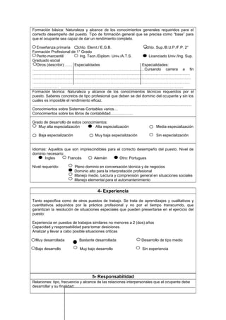 Formación básica: Naturaleza y alcance de los conocimientos generales requeridos para el
correcto desempeño del puesto. Tipo de formación general que se precisa como “base” para
que el ocupante sea capaz de dar un rendimiento completo.

  Enseñanza primaria Bchto. Elemt./ E.G.B.                      Bchto. Sup./B.U.P./F.P. 2°
Formación Profesional de 1° Grado
  Perito mercantil/         Ing. Tecn./Diplom. Univ./A.T.S.       Licenciado Univ./Ing. Sup.
Graduado social
  Otros (describir):…… Especialidades                          Especialidades:
…………………………………………………………………………..…Cursando carrera a fin
…………………………………..…………………………………………………………………………
…………………………………….………………………………..………………………………………
………………………………………………………………………..……………………………………
………………… …………………………………………………………………………………….
Formación técnica: Naturaleza y alcance de los conocimientos técnicos requeridos por el
puesto. Saberes concretos de tipo profesional que deben se del dominio del ocupante y sin los
cuales es imposible el rendimiento eficaz.
………………………………………………………………………………………………………………
Conocimientos sobre Sistemas Contables varios…
Conocimientos sobre los libros de contabilidad………………

Grado de desarrollo de estos conocimientos:
   Muy alta especialización         Alta especialización                 Media especialización

   Baja especialización              Muy baja especialización            Sin especialización


Idiomas: Aquellos que son imprescindibles para el correcto desempeño del puesto. Nivel de
dominio necesario:
       Ingles       Francés       Alemán        Otro: Portugues

Nivel requerido:          Pleno dominio en conversación técnica y de negocios
                          Dominio alto para la interpretación profesional
                          Manejo medio. Lectura y comprensión general en situaciones sociales
                          Manejo elemental para el automantenimiento


                                       4- Experiencia

Tanto especifica como de otros puestos de trabajo. Se trata de aprendizajes y cualitativos y
cuantitativos adquiridos por la práctica profesional y no por el tiempo transcurrido, que
garantizan la resolución de situaciones especiales que pueden presentarse en el ejercicio del
puesto:

Experiencia en puestos de trabajos similares no menores a 2 (dos) años
Capacidad y responsabilidad para tomar desiciones.
Analizar y llevar a cabo posible situaciones criticas

 Muy desarrollada           Bastante desarrollada               Desarrollo de tipo medio

 Bajo desarrollo            Muy bajo desarrollo                 Sin experiencia




                                    5- Responsabilidad
Relaciones: tipo, frecuencia y alcance de las relaciones interpersonales que el ocupante debe
desarrollar y su finalidad:
 