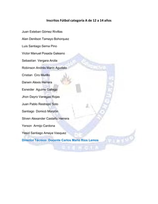 Inscritos Fútbol categoría A de 12 a 14 años


Juan Esteban Gómez Rivillas

Alan Denilson Tamayo Bohorquez

Luis Santiago Serna Pino

Victor Manuel Posada Galeano

Sebastían Vergara Arcila

Robinson Andrés Marín Agudelo

Cristian Ciro Murillo

Darwin Alexis Herrera

Esneider Aguirre Gallego

Jhon Dayro Vanegas Rojas

Juan Pablo Restrepo Soto

Santiago Domicó Monzón

Stiven Alexander Castaño Herrera

Yerson Armijo Cardona

Yesid Santiago Amaya Vasquez

Director Técnico: Docente Carlos Mario Ríos Lemos
 