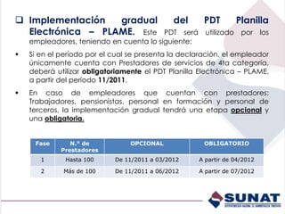  Implementación gradual del PDT Planilla
Electrónica – PLAME. Este PDT será utilizado por los
empleadores, teniendo en cuenta lo siguiente:
 Si en el período por el cual se presenta la declaración, el empleador
únicamente cuenta con Prestadores de servicios de 4ta categoría,
deberá utilizar obligatoriamente el PDT Planilla Electrónica – PLAME,
a partir del período 11/2011.
 En caso de empleadores que cuentan con prestadores:
Trabajadores, pensionistas, personal en formación y personal de
terceros, la implementación gradual tendrá una etapa opcional y
una obligatoria.
Fase N.° de
Prestadores
OPCIONAL OBLIGATORIO
1 Hasta 100 De 11/2011 a 03/2012 A partir de 04/2012
2 Más de 100 De 11/2011 a 06/2012 A partir de 07/2012
 