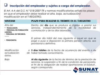       Inscripción del empleador y sujetos a cargo del empleador.
El Art. 4-A del D.S. N.° 018-2007-TR y normas modificatorias señala los plazos
en que el empleador debe realizar el alta, baja, actualización/
modificación en el T-REGISTRO.
NOVEDAD                   PLAZO PARA REALIZAR EL TRÁMITE EN EL T-REGISTRO
Alta del                  Dentro del día que se produce el ingreso a prestar sus
• TRABAJADOR,             servicios, independientemente de la modalidad de
• PERSONAL EN FORMACIÓN   contratación y de los días laborados.  
LABORAL
• PERSONAL DE TERCEROS.
------
                          El primer día hábil del mes siguiente a aquel en que se
• PENSIONISTA
                          pagó o puso a disposición la primera pensión afecta, sea
                          provisional o definitiva.


Modificación          o 5 días hábiles de la fecha de ocurrencia del evento o de
actualización        de haber tomado conocimiento.
datos.
Baja                      Al día siguiente de la fecha de término de la prestación de
                          servicios, la suspensión o fin de la condición de pensionista,
                          el fin de la obligación de realizar aportaciones al EsSalud ,
                          según corresponda.
 