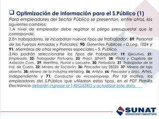  Optimización de información para el S.Público (1)
Para empleadores del Sector Público se presentan, entre otros, los
siguientes cambios:
1.A nivel de empleador debe registrar el pliego presupuestal que le
corresponde.
2.En trabajadores, se incorporan nuevos tipos de trabajador: 89: Personal
de las Fuerzas Armadas y Policiales; 90: Gerentes Públicos – D.Leg. 1024 y
91; Miembros de otros regímenes especiales – S. Público.
3.No podrán seleccionarse los tipos de trabajador: 19: Ejecutivo, 21:
Empleado, 22: Trabajador Portuario, 23: Pract. SENATI, 28: Piloto y Copiloto de
Aviación Com., 29: Marítimo, Fluvial o Lacustre, 30: Periodista, 31: Trabajador de la
Ind. de Cuero, 32: Minero de Socavón, 36: Pescador Ley 28320, 37: Minero de tajo
abierto, 38: Minero de la Industria Metalúrg. 56: Artista, 66: Pescador y proc. Artes.
independiente y 71: Conductor de microempresa. Por tal motivo, los
empleadores del S.Público que utilizaron estos tipos, en el PDT Planilla
Electrónica deberán ingresar al T-REGISTRO y actualizar este dato.
 