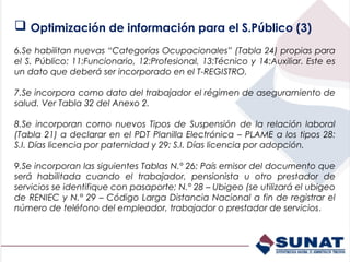  Optimización de información para el S.Público (3)
6.Se habilitan nuevas “Categorías Ocupacionales” (Tabla 24) propias para
el S. Público: 11:Funcionario, 12:Profesional, 13:Técnico y 14:Auxiliar. Este es
un dato que deberá ser incorporado en el T-REGISTRO.

7.Se incorpora como dato del trabajador el régimen de aseguramiento de
salud. Ver Tabla 32 del Anexo 2.

8.Se incorporan como nuevos Tipos de Suspensión de la relación laboral
(Tabla 21) a declarar en el PDT Planilla Electrónica – PLAME a los tipos 28:
S.I. Días licencia por paternidad y 29: S.I. Días licencia por adopción.

9.Se incorporan las siguientes Tablas N.° 26: País emisor del documento que
será habilitada cuando el trabajador, pensionista u otro prestador de
servicios se identifique con pasaporte; N.° 28 – Ubigeo (se utilizará el ubigeo
de RENIEC y N.° 29 – Código Larga Distancia Nacional a fin de registrar el
número de teléfono del empleador, trabajador o prestador de servicios.
 