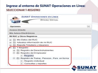 Ingrese al entorno de SUNAT Operaciones en Línea:
SELECCIONAR T-REGISTRO
 