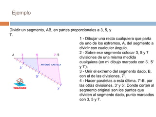 Ejemplo
Dividir un segmento, AB, en partes proporcionales a 3, 5, y
7.
1 - Dibujar una recta cualquiera que parta
de uno de los extremos, A, del segmento a
dividir con cualquier ángulo.
2 - Sobre ese segmento colocar 3, 5 y 7
divisiones de una misma medida
cualquiera (en mi dibujo marcado con 3', 5'
y 7').
3 - Unir el extremo del segmento dado, B,
con el de las divisiones, 7'.
4 - Hacer paralelas a esta última. 7'-B, por
las otras divisiones, 3' y 5'. Donde corten al
segmento original son los puntos que
dividen al segmento dado, punto marcados
con 3, 5 y 7.
 