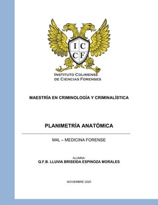 MAESTRÍA EN CRIMINOLOGÍA Y CRIMINALÍSTICA
PLANIMETRÍA ANATÓMICA
M4L – MEDICINA FORENSE
ALUMNA:
Q.F.B. LLUVIA BRISEIDA ESPINOZA MORALES
NOVIEMBRE 2020
 