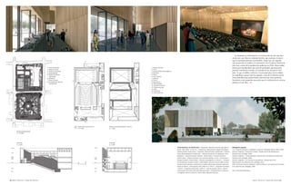 26 OBRAS Y PROYECTOS | WORKS AND PROJECTS 27
OBRAS Y PROYECTOS | WORKS AND PROJECTS
TEATRO MUNICIPAL DE CONSTITUCIÓN. | Arquitectos: Alejandro Aravena, Juan Ignacio
Cerda, Víctor Oddó - ELEMENTAL. | Arquitectos colaboradores: Augusto Domínguez,
Catarina Ribeiro, Álvaro Ascoz. | Ubicación: Plaza de Armas, Constitución. | Cliente:
Ilustre Municipalidad de Constitución. | Cálculo estructural: VPA Ingenieros - Enzo
Valladares. | Asesoría acústica: Absorbe - Verónica Wulf. | Proyecto escénico:
Ramón López. | Proyecto eléctrico y de corrientes débiles: ICG S.A. - Carlos Gana. |
Proyecto sanitario: Patricio Moya. | Proyecto de paisajismo: ELEMENTAL. | Proyecto
de climatización: Gustavo Concha. | Materialidad: estructura de hormigón armado,
revestimientos interiores y exteriores en madera, pavimentos interiores cerámicos,
cielos en madera. | Presupuesto: US$ 2.266/m2
; UF 49/m2
. | Superficie de terreno:
1.120 m2
. | Superficie construida: 1.500 m2
. | Año de proyecto: 2012. | Año de
construcción: término de obra estimado para 2013. | Visualizaciones: ELEMENTAL.
| Fotografía: Archivo ELEMENTAL (Víctor Oddó, Alejandro Aravena).
Bibliografía sugerida
AA.VV. Alejandro Aravena / progettare e costruire. Mondadori Electa, Milán, 2007.
ARAVENA, Alejandro. “Conjunto Lo Espejo”. Revista ARQ Nº 69 Habitaciones.
Ediciones ARQ, Santiago, 2009.
ARAVENA, Alejandro. “Torres siamesas”. Revista ARQ Nº 63 Mecánica electrónica.
Ediciones ARQ, Santiago, 2006.
ARAVENA, Alejandro. “Las fuerzas en arquitectura”. Revista ARQ Nº 80
Representaciones. Ediciones ARQ, Santiago, 2012.
PÉREZ, Fernando; ARAVENA, Alejandro y José QUINTANILLA. Los hechos de la arquitec-
tura. Ediciones ARQ, Santiago, 1999.
http://www.elementalchile.cl
La propuesta es, básicamente, la construcción de una caja den-
tro de una caja. Hay un volumen interior, que contiene al teatro,
que es fundamentalmente introvertido. Luego hay una segunda
caja proyectada en madera, en resonancia con el carácter forestal de
esta zona, centro de la producción maderera en Chile. Entre ambas
estructuras introducimos una serie de profundas aperturas para
permitir ventilación cruzada y la entrada de luz natural al vestí-
bulo. Ya que el edificio enfrenta a la principal plaza de la ciudad,
las superficies opacas entre los grandes vanos de la fachada sirven
como pantallas para proyecciones, mientras que estas aperturas
funcionan como pequeños escenarios para la celebración de eventos
públicos al aire libre. ×
1. Acceso principal
2. Foyer
3. Acceso/salida de emergencia
4. Servicios
5. Teatro
6. Foro músicos
7. Cafetería
8. Cocina
9. Sala técnica
10. Montacargas
11. Escenario exterior
12. Puente lumínico
13. Sala
14. Secretaría
15. Administración
calle Portales
calle
Freire
5
4
3
7
Calle Cruz
calle Montt
2
6
1
8
calle
Onedera
11
12
12
9
13
14
15
-7,56
-4,86
±0,00
+3,06
+4,50
+5,22
+8,60
+13,00
-7,56
-4,86
±0,00
+3,06
+4,50
+13,00
Planta emplazamiento
E. 1: 2.500
1. Teatro Municipal
2. Plaza de Armas
3. Edificio consistorial
4. Municipalidad
5. Edificio de Bienes
Nacionales
6. Biblioteca
7. Centro cultural
8. Parroquia San José de
Constitución
A
B
B
A
1
1
2
3
3
4
4
4
5
6
7
8
9
10
Planta nivel calle ±0.00 m
E. 1: 500
Planta nivel administración +4.50 m
E. 1: 500
Corte AA
E. 1: 500
Corte BB
E. 1: 500
 