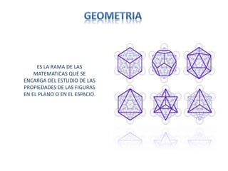 ES LA RAMA DE LAS
MATEMATICAS QUE SE
ENCARGA DEL ESTUDIO DE LAS
PROPIEDADES DE LAS FIGURAS
EN EL PLANO O EN EL ESPACIO.
 