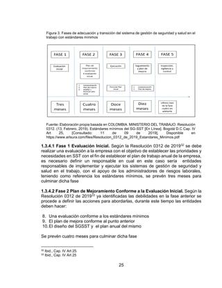 25
Figura 3. Fases de adecuación y transición del sistema de gestión de seguridad y salud en el
trabajo con estándares mínimos
Fuente: Elaboración propia basada en COLOMBIA. MINISTERIO DEL TRABAJO. Resolución
0312. (13, Febrero, 2019). Estándares mínimos del SG-SST [En Línea]. Bogotá D.C Cap. IV
Art 25, [Consultado: 11 de 09 de 2019], Disponible en
https://www.arlsura.com/files/Resolucion_0312_de_2019_Estandares_Minimos.pdf
1.3.4.1 Fase 1 Evaluación Inicial. Según la Resolución 0312 de 201932 se debe
realizar una evaluación a la empresa con el objetivo de establecer las prioridades y
necesidades en SST con el fin de establecer el plan de trabajo anual de la empresa,
es necesario definir un responsable en cual en este caso sería entidades
responsables de implementar y ejecutar los sistemas de gestión de seguridad y
salud en el trabajo, con el apoyo de los administradores de riesgos laborales,
teniendo como referencia los estándares mínimos, se prevén tres meses para
culminar dicha fase
1.3.4.2 Fase 2 Plan de Mejoramiento Conforme a la Evaluación Inicial. Según la
Resolución 0312 de 201933 ya identificadas las debilidades en la fase anterior se
procede a definir las acciones para abordarlas, durante este tiempo las entidades
deben hacer:
8. Una evaluación conforme a los estándares mínimos
9. El plan de mejora conforme al punto anterior
10.El diseño del SGSST y el plan anual del mismo
Se prevén cuatro meses para culminar dicha fase
32 Ibid., Cap. IV Art 25.
33 Ibid., Cap. IV Art 25
 
