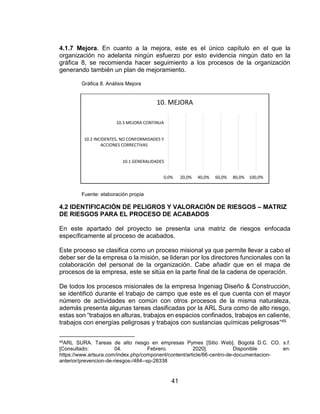 41
4.1.7 Mejora. En cuanto a la mejora, este es el único capítulo en el que la
organización no adelanta ningún esfuerzo por esto evidencia ningún dato en la
gráfica 8, se recomienda hacer seguimiento a los procesos de la organización
generando también un plan de mejoramiento.
Gráfica 8. Análisis Mejora
Fuente: elaboración propia
4.2 IDENTIFICACIÓN DE PELIGROS Y VALORACIÓN DE RIESGOS – MATRIZ
DE RIESGOS PARA EL PROCESO DE ACABADOS
En este apartado del proyecto se presenta una matriz de riesgos enfocada
específicamente al proceso de acabados.
Este proceso se clasifica como un proceso misional ya que permite llevar a cabo el
deber ser de la empresa o la misión, se lideran por los directores funcionales con la
colaboración del personal de la organización. Cabe añadir que en el mapa de
procesos de la empresa, este se sitúa en la parte final de la cadena de operación.
De todos los procesos misionales de la empresa Ingeniag Diseño & Construcción,
se identificó durante el trabajo de campo que este es el que cuenta con el mayor
número de actividades en común con otros procesos de la misma naturaleza,
además presenta algunas tareas clasificadas por la ARL Sura como de alto riesgo,
estas son “trabajos en alturas, trabajos en espacios confinados, trabajos en caliente,
trabajos con energías peligrosas y trabajos con sustancias químicas peligrosas”45
45ARL SURA. Tareas de alto riesgo en empresas Pymes [Sitio Web]. Bogotá D.C. CO. s.f.
[Consultado: 04. Febrero. 2020]. Disponible en:
https://www.arlsura.com/index.php/component/content/article/66-centro-de-documentacion-
anterior/prevencion-de-riesgos-/484--sp-28338
0,0% 20,0% 40,0% 60,0% 80,0% 100,0%
10.1 GENERALIDADES
10.2 INCIDENTES, NO CONFORMIDADES Y
ACCIONES CORRECTIVAS
10.3 MEJORA CONTINUA
10. MEJORA
 