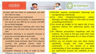 ❑ Listen with the intent to understand, not with
the intent to reply.
❑ We all just want to be understood.
❑ 10% of our communication is represented by
the words we say, 30% by our sounds, and 60%
by our body language.
❑ Empathic listening is listening with more than
just your ears, but your eyes and your heart as
well.
❑ Empathic listening is so powerful because it
gives you accurate data to work with.
❑ Satisfied needs do not motivate. Only
unsatisfied needs motivate. Apart from physical
survival, the greatest human need is
psychological survival – to be understood and
affirmed.
❑ Empathic listening is risky. In order to have
influence, you have to be influenced.
❑ Win/Win requires consideration (listening) and
courage (being understood).
❑ Use ethos (integrity/competency), pathos
(feelings), and logos (logic), in that order, to create
compelling presentations.
❑ You cannot go straight to the logical side of your
argument without first addressing pathos and
ethos.
❑ An effective presentation empathizes with the
audience. You need to first get inside their head
and describe the alternative he is in favor of better
than he can himself.
❑ When you can present your own ideas clearly,
specifically, visually, and most important,
contextually – in the context of a deep
understanding of their paradigms and concerns –
you significantly increase the credibility of your
ideas.
 