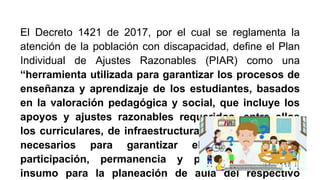 El Decreto 1421 de 2017, por el cual se reglamenta la
atención de la población con discapacidad, define el Plan
Individual de Ajustes Razonables (PIAR) como una
“herramienta utilizada para garantizar los procesos de
enseñanza y aprendizaje de los estudiantes, basados
en la valoración pedagógica y social, que incluye los
apoyos y ajustes razonables requeridos, entre ellos
los curriculares, de infraestructura y todos los demás
necesarios para garantizar el aprendizaje, la
participación, permanencia y promoción. Es un
insumo para la planeación de aula del respectivo
 