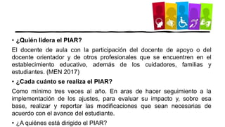 • ¿Quién lidera el PIAR?
El docente de aula con la participación del docente de apoyo o del
docente orientador y de otros profesionales que se encuentren en el
establecimiento educativo, además de los cuidadores, familias y
estudiantes. (MEN 2017)
• ¿Cada cuánto se realiza el PIAR?
Como mínimo tres veces al año. En aras de hacer seguimiento a la
implementación de los ajustes, para evaluar su impacto y, sobre esa
base, realizar y reportar las modificaciones que sean necesarias de
acuerdo con el avance del estudiante.
• ¿A quiénes está dirigido el PIAR?
 