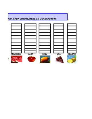 BELA. PARA CADA VOTO NUMERE UM QUADRADINHO:




        MELANCIA     MAÇA       CAJU          UVA   ABACAXI
 