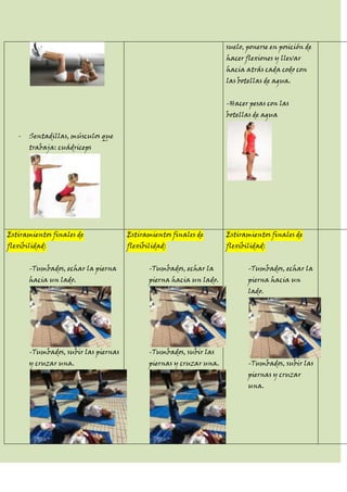 suelo, ponerse en posición de
                                                                     hacer flexiones y llevar
                                                                     hacia atrás cada codo con
                                                                     las botellas de agua.


                                                                     -Hacer pesas con las
                                                                     botellas de agua


   -   Sentadillas, músculos que
       trabaja: cuádriceps




Estiramientos finales de              Estiramientos finales de       Estiramientos finales de
flexibilidad:                         flexibilidad:                  flexibilidad:


       -Tumbados, echar la pierna            -Tumbados, echar la            -Tumbados, echar la
       hacia un lado.                        pierna hacia un lado.          pierna hacia un
                                                                            lado.




       -Tumbados, subir las piernas          -Tumbados, subir las
       y cruzar una.                         piernas y cruzar una.          -Tumbados, subir las
                                                                            piernas y cruzar
                                                                            una.
 