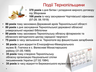 Події Тернопільщини
• 370 років з дня битви і укладання мирного договору
під Зборовим
• 100 років із часу заснування Чортківської офензиви
(07-28. 06.1919)
• 50 років з дня відкриття Етнографічно-Меморіального
музею В. Гнатюка в с. Велесневі Монастирського
району (31.05.1969)
• 35 років тому створено Тернопільську
обласну організацію Національної спілки
письменників України (27.02.1984)
• 35 років із часу відкриття Бережанського музею книги
• 80 років тому засновано Державний архів Тернопільської області
• 80 років з дня заснування Тернопільської державної обласної
універсальної наукової бібліотеки
• 80 років тому засновано Тернопільську обласну філармонію та
обласного методичного центру народної творчості
• 75 років із часу звільнення м. Тернополя від фашистських загарбників
 
