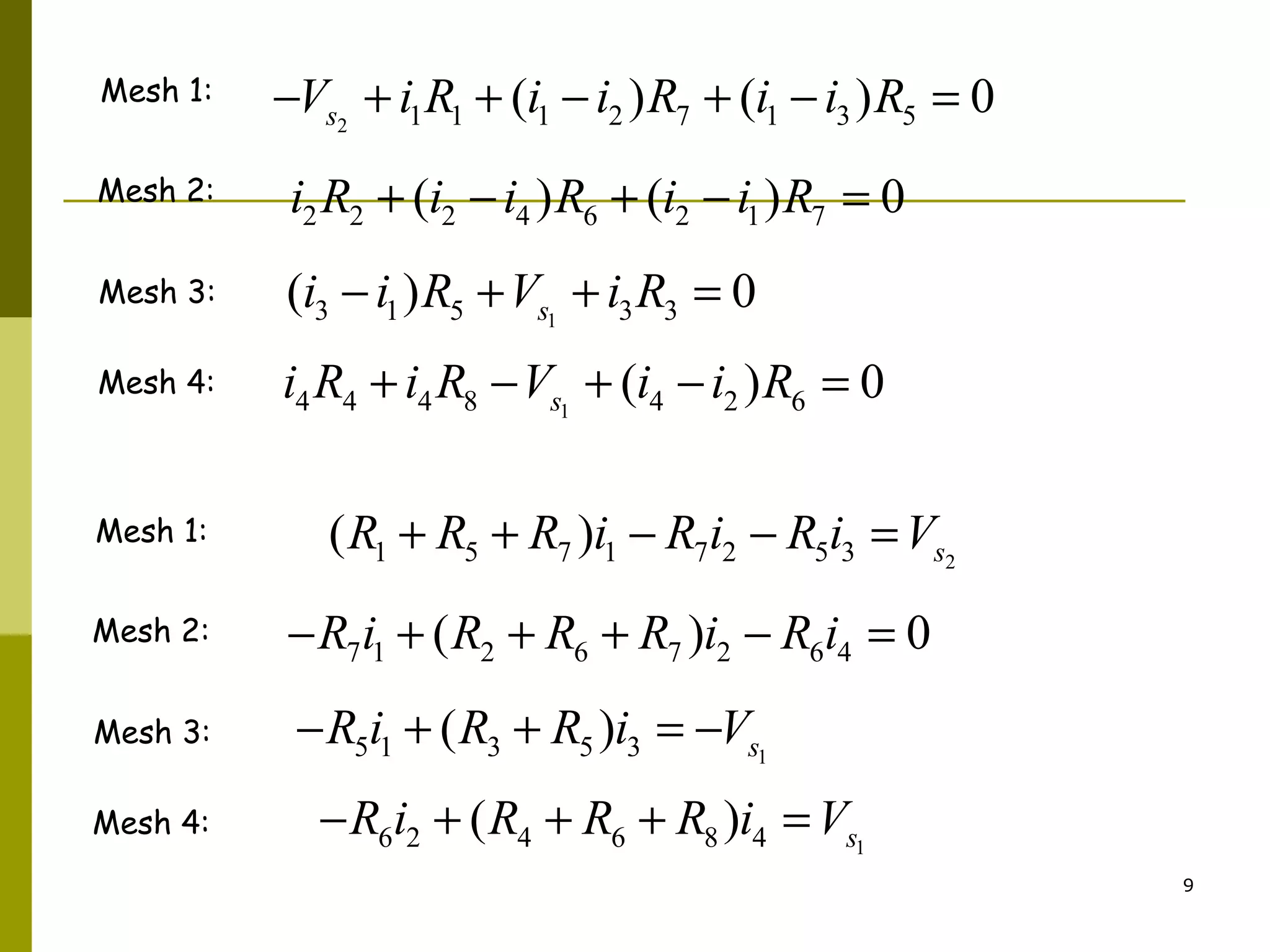9 
2 1 1 1 -Vs + i R + (i - i2 )R7 + (i1 -i3 )R5 = 0 
2 2 2 4 6 2 1 7 i R + (i -i )R + (i -i )R = 0 
3 1 5 1 3 3 ( ) 0 s i - i R +V + i R = 
Mesh 1: 
Mesh 2: 
Mesh 3: 
4 4 4 8 1 4 2 6 ( ) 0 s Mesh 4: i R + i R -V + i -i R = 
Mesh 1: 
Mesh 2: 
Mesh 3: 
Mesh 4: 
1 5 7 1 7 2 5 3 2 ( ) s R + R + R i - R i - R i =V 
7 1 2 6 7 2 6 4 -R i + (R + R + R )i - R i = 0 
5 1 3 5 3 1 ( ) s -R i + R + R i = -V 
6 2 4 6 8 4 1 ( ) s -R i + R + R + R i =V 
 