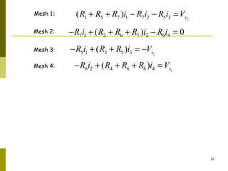 æ + + - - öæ ö æ ö 
ç ¸ç ¸ ç ¸ ç - + + - ¸ç ¸ ç ¸ = ç ¸ ç - + ¸ç ¸ - ç ¸ç ¸ ç ¸ è - + + øè ø çè ø¸ 
10 
Mesh 1: 
Mesh 2: 
Mesh 3: 
Mesh 4: 
1 5 7 1 7 2 5 3 2 ( ) s R + R + R i - R i - R i =V 
7 1 2 6 7 2 6 4 -R i + (R + R + R )i - R i = 0 
5 1 3 5 3 1 ( ) s -R i + R + R i = -V 
6 2 4 6 8 4 1 ( ) s -R i + R + R + R i =V 
2 
1 
0 0 
1 
0 
1 5 7 7 5 1 
7 2 6 7 6 2 
0 0 
5 3 5 3 
0 0 
6 4 6 8 4 
s 
s 
s 
R R R R R i V 
R R R R R i 
R R R i V 
R R R R i V 
 