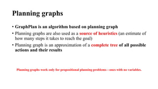 Planning graphs
• GraphPlan is an algorithm based on planning graph
• Planning graphs are also used as a source of heuristics (an estimate of
how many steps it takes to reach the goal)
• Planning graph is an approximation of a complete tree of all possible
actions and their results
Planning graphs work only for propositional planning problems—ones with no variables.
 