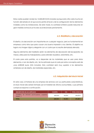 12
Plan de Negocio “Inmobiliaria”
Estos costes pueden rondar los 15.025,00 € (IVA incluido) aunque esta cifra varía mucho en
función del estado en el que se encuentre el local y de la configuración de los elementos
invisibles como las instalaciones. De este modo, la cantidad anterior puede reducirse en
gran medida si el local ya ha sido acondicionado previamente.
6.2. Mobiliario y decoración
El diseño y la decoración son importantes en cualquier negocio, pero es fundamental en
empresas como ésta que para causar una buena impresión a los clientes. El objetivo es
lograr una imagen digna y elegante con un coste que no resulte demasiado elevado.
Algunos elementos del mobiliario serán: los elementos de decoración del escaparate, las
mesas y sillas para los trabajadores y para atender al público, estanterías, etc.
El coste para esta partida, va a depender de los materiales que se usen para éstos
elementos, si son de diseño, etc. Se ha estimado que el coste por estos conceptos será de
unos 6.000,00 euros (IVA incluido). Esta cantidad será muy superior si los elementos
anteriores son de diseño, de materiales especiales, etc.
6.3. Adquisición del stock inicial
En este caso, al tratarse de una empresa de servicios con sus particulares características,
el stock inicial sólo estará formado por el material de oficina (consumible), cuya primera
compra se expone a continuación.
DESCRIPCIÓN DE LOS ARTÍCULOS CUANTÍA IVA TOTAL CON IVA
MATERIAL DE OFICINA (archivadores, carpetas,
papel,...)
600,00 € 96,00 € 696,00 €
TOTAL 600,00 € 96,00 € 696,00 €
 