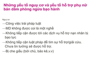 Những yếu tố nguy cơ và yếu tố hỗ trợ phụ nữ
bán dâm phòng ngừa bạo hành
Nguy cơ
―Công việc trái pháp luật
―MD không được coi là một nghề
―Không tiếp cận được tới các dịch vụ hỗ trợ nạn nhân bị
bạo lực
―Không tiếp cận luật pháp để tìm sự hỗ trợ/giải cứu.
Chưa tin tưởng sẽ được hỗ trợ.
―Bị che giấu (bởi chủ, bảo kê,v.v)
 