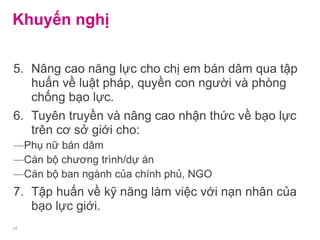 Khuyến nghị
5. Nâng cao năng lực cho chị em bán dâm qua tập
huấn về luật pháp, quyền con người và phòng
chống bạo lực.
6. Tuyên truyền và nâng cao nhận thức về bạo lực
trên cơ sở giới cho:
―Phụ nữ bán dâm
―Cán bộ chương trình/dự án
―Cán bộ ban ngành của chính phủ, NGO
7. Tập huấn về kỹ năng làm việc với nạn nhân của
bạo lực giới.
14
 