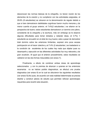 desconocen las normas básicas de la ortografía, no tienen noción de los
elementos de la oración y no cumplieron con las actividades asignadas, el
29.6% (8 estudiantes) se ubicaron en la denominación de regular debido a
que si bien demostraron debilidades cognitivas fueron mucho menores y de
menor cuantía al grupo anterior, el 7.4%(2 estudiantes ) se sitiaron en la
perspectiva de bueno; estos estudiantes demostraron un dominio sino pleno,
consistente de la ortografía y la escritura, más sin embargo se le observó
algunas dificultades para tomar dictados y redactar ideas, el 3.7%( 1
estudiante se encuadró en el sitial de muy bueno; este a pesar de demostrar
total dominio sobre las anteriores limitantes, expresó sino poca escasa
participación en el hacer colectivo y el 7.4% (2 estudiantes ) se trasladaron a
la condición de    excelentes de los cuales hay nada que objetar pues su
desempeño y ejecución en las diferentes actividades fue muy relevante y de
gran erudición. Al igual que el anterior procedimiento, estos resultados se
validaron en las dos formas mesurables (ver anexo 7).

      Finalmente, a efecto de combinar ambas áreas de aprendizaje
seleccionados y con la premisa de alcanzar a quienes en los anteriores
escenarios    no se habían podido diagnosticar, se efectuó una prueba
diagnostica (ver anexo 6) en la cual se obtuvieron los siguientes resultados
(ver anexo 9).Así pues, de acuerdo con esta realidad determinada se precisa
diseñar y construir planes de estudio que permitan reforzar aprendizajes
requeridos para revertir esta situación.
 