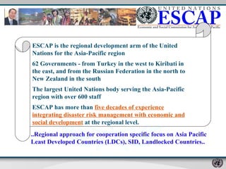 ESCAP is the regional development arm of the United Nations for the Asia-Pacific region 62 Governments - from Turkey in the west to Kiribati in the east, and from the Russian Federation in the north to New Zealand in the south The largest United Nations body serving the Asia-Pacific region with over 600 staff ESCAP has more than  five decades of experience integrating disaster risk management with economic and social development  at the regional level. ..Regional approach for cooperation specific focus on Asia Pacific  Least Developed Countries (LDCs), SID, Landlocked Countries..  