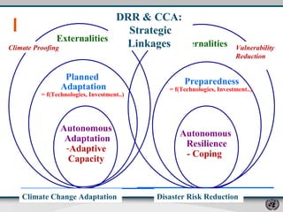 Autonomous  Adaptation Adaptive  Capacity  Planned  Adaptation = f(Technologies, Investment..)  Externalities   Autonomous  Resilience - Coping  Preparedness = f(Technologies, Investment..)  Externalities   Climate Change Adaptation   Disaster Risk Reduction   Climate Proofing Vulnerability Reduction DRR & CCA:  Strategic Linkages   