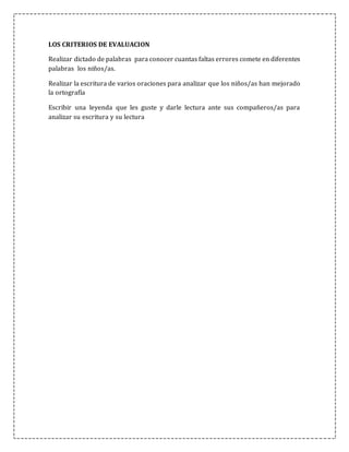 LOS CRITERIOS DE EVALUACION
Realizar dictado de palabras para conocer cuantas faltas errores comete en diferentes
palabras los niños/as.
Realizar la escritura de varios oraciones para analizar que los niños/as han mejorado
la ortografía
Escribir una leyenda que les guste y darle lectura ante sus compañeros/as para
analizar su escritura y su lectura
 
