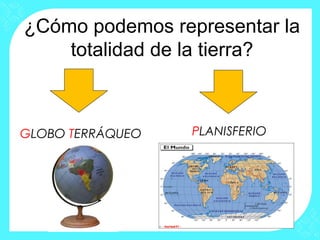 ¿Cómo podemos representar la
    totalidad de la tierra?



GLOBO TERRÁQUEO   PLANISFERIO
 