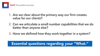 WHAT The problems we solve
1. Are we clear about the primary way our ﬁrm creates
value for our clients?
2. Can we articulate a small number capabilities that we do
better than anyone else?
3. Have we deﬁned how they work together in a system?
Essential questions regarding your “What.”
 